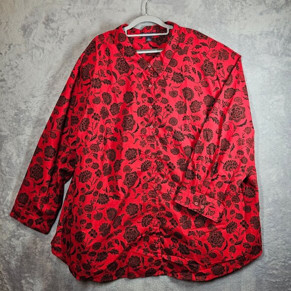 Roamans Floral Button Shirt Womens Plus Size 36W Red Black career office church - Picture 1 of 12